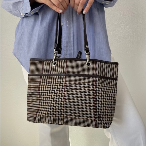 Ralph Lauren Vintage Mini Tote  Bag Beige‎ Brown Houndstooth Tartan Plaid Purse - Picture 8 of 12